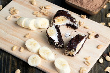 chocolate-drenched banana cake with cheese cream