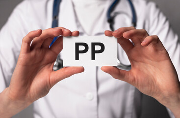 PP vitamin, word acronym on paper in hands. High quality photo