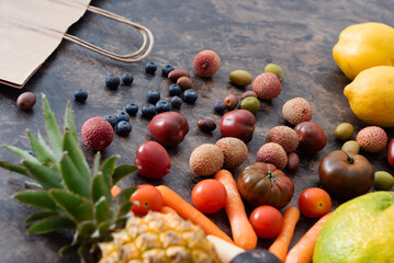 fresh fruits and vegetables on the stone table. zero waste concept