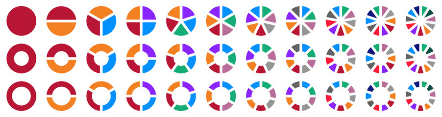 Set of colorful pie chart. Different colorful diagram, circle icons for infographic, pie chart for business presentation with progress sectors and sections or steps. Vector, EPS 10.