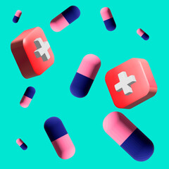 Medical background with medications and first aid kits. 3D vector background.