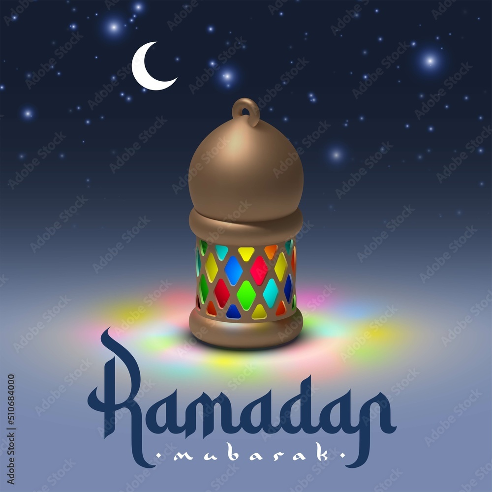 Wall mural Ramadan Kareem holiday Realistic 3d cartoon cute design. Celebrate Ramadhan Holy month in Islam. Background crescent with lantern and night starry sky. Arabic calligraphy Ramadan Kareem Festive banner