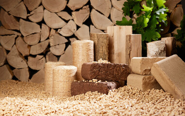 Firewood with biomass briquettes and fuel pellets under sunlight - obrazy, fototapety, plakaty