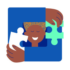 Black man connecting puzzle elements. Teamwork business concept. Symbol of game, cooperation, partnership. Simple geometric sketch vector illustration.