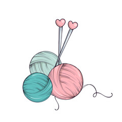 Ball of yarn and needles in doodle style on white background.