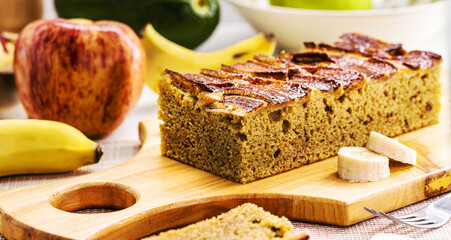 vegan banana bread or cake made with organic banana, cinnamon and oatmeal. Traditional homemade cake from Brazil, sold in bakeries