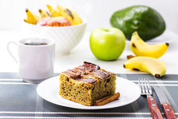 slice of vegan banana cake, organic, typical bakery cake in Brazil made with cinnamon and fruits