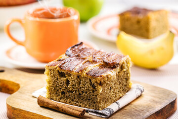 vegan banana bread or cake made with organic banana, cinnamon and oatmeal. Traditional homemade cake from Brazil, sold in bakeries