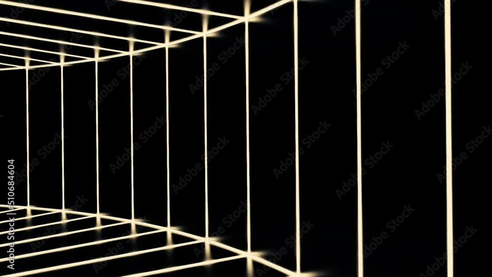 Poster Moving tunnel with neon lines. Design. Geometric tunnel with smooth lines in virtual space. Striped square tunnel is moving fast