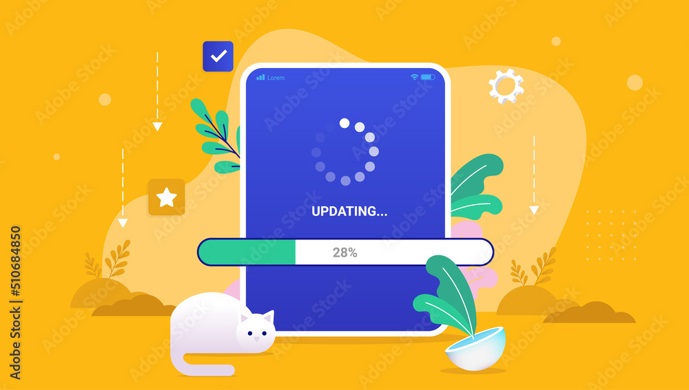 Poster Device updating - tablet with load bar waiting to finish an update. Vector illustration