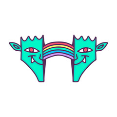 Two half of funny goblin head with rainbow inside, illustration for t-shirt, street wear, sticker, or apparel merchandise. With doodle, retro, and cartoon style.