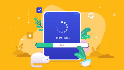 Device updating - tablet with load bar waiting to finish an update. Vector illustration