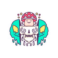Two half of distorted alien head with skull and amanita mushroom inside, illustration for t-shirt, street wear, sticker, or apparel merchandise. With doodle, retro, and cartoon style.