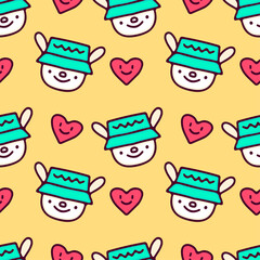 Funny bunny in bucket hat with heart on yellow background seamless pattern. Modern vintage, pop art style seamless pattern concept.