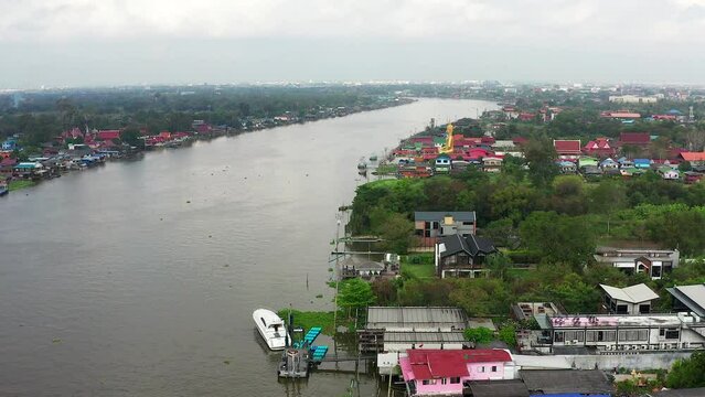 Aerial view of Wat Bang Chak is located opposite Koh Kret island on the banks of Chao Phraya river, Thailand