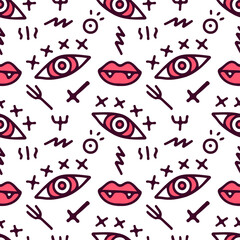 Sketchy one eye, lips and abstract element on white background seamless pattern. Modern vintage, pop art style seamless pattern concept. © Epan