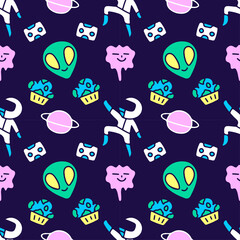 Sketchy alien, astronaut, and planet on dark background seamless pattern. Modern vintage, pop art style seamless pattern concept.