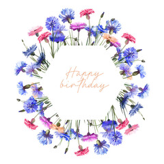 Geometric hexagonal frame of watercolor colorful cornflowers, illustrations on a white background, birthday card design