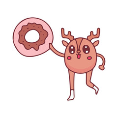 Cute deer mascot holding donut, illustration for t-shirt, street wear, sticker, or apparel merchandise. With doodle, retro, and cartoon style.
