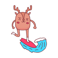 Cool deer mascot surfing, illustration for t-shirt, street wear, sticker, or apparel merchandise. With doodle, retro, and cartoon style.
