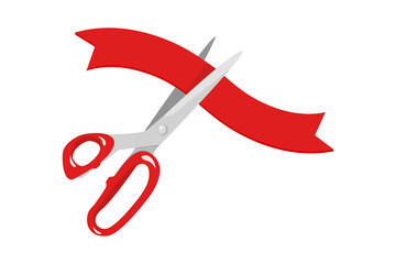 Cutting red ribbon. Symbol of opening ceremony. Vector illustration open scissors with tape isolated on white.