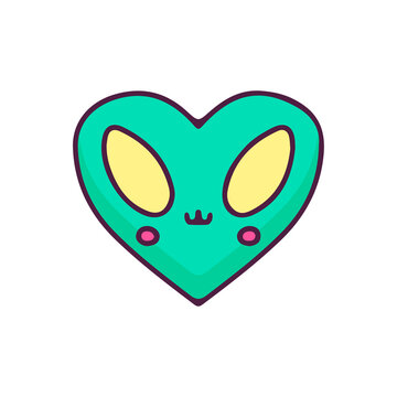Alien head with heart shape, illustration for t-shirt, street wear, sticker, or apparel merchandise. With doodle, retro, and cartoon style.