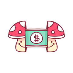 Trendy Two half of amanita mushroom with dollar inside, illustration for t-shirt, street wear, sticker, or apparel merchandise. With doodle, retro, and cartoon style.