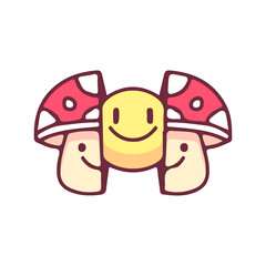 Two half of amanita mushroom with smile face inside, illustration for t-shirt, street wear, sticker, or apparel merchandise. With doodle, retro, and cartoon style.