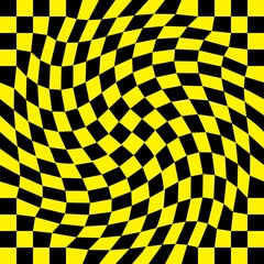 Yellow and black checkerboard pattern background.