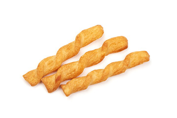 Crunchy bread sticks, cheese sticks, isolated on white background. High resolution image.