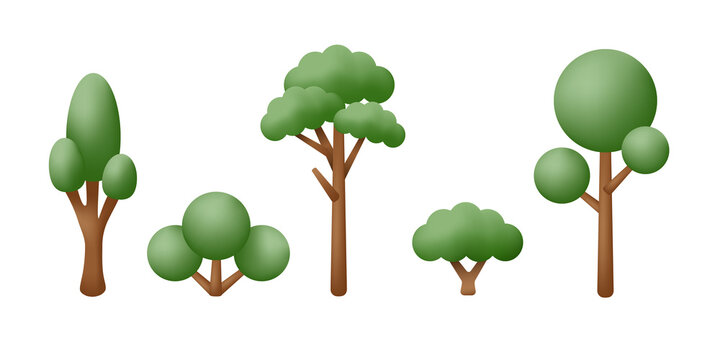 Green 3d trees and bushes isolated on white background. Set of Volumetric images of plants. Garden, forest and park green tree. Vector illustration.