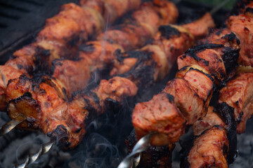 Kebab. Appetizing shish kebab marinated in red sauce with red pepper and onion is cooked on the grill. Selective focus, shallow depth of field