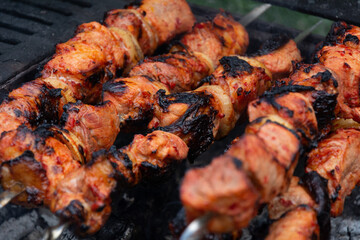 Kebab. Appetizing kebab marinated in red sauce with red pepper and onion is cooked on the grill