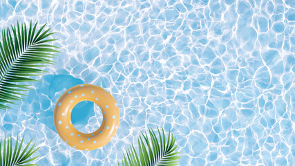 Summer pool party flat lay concept. Inflatable yellow float in the shade of palm leaves. Let the holidays begin. 3D Illustration..