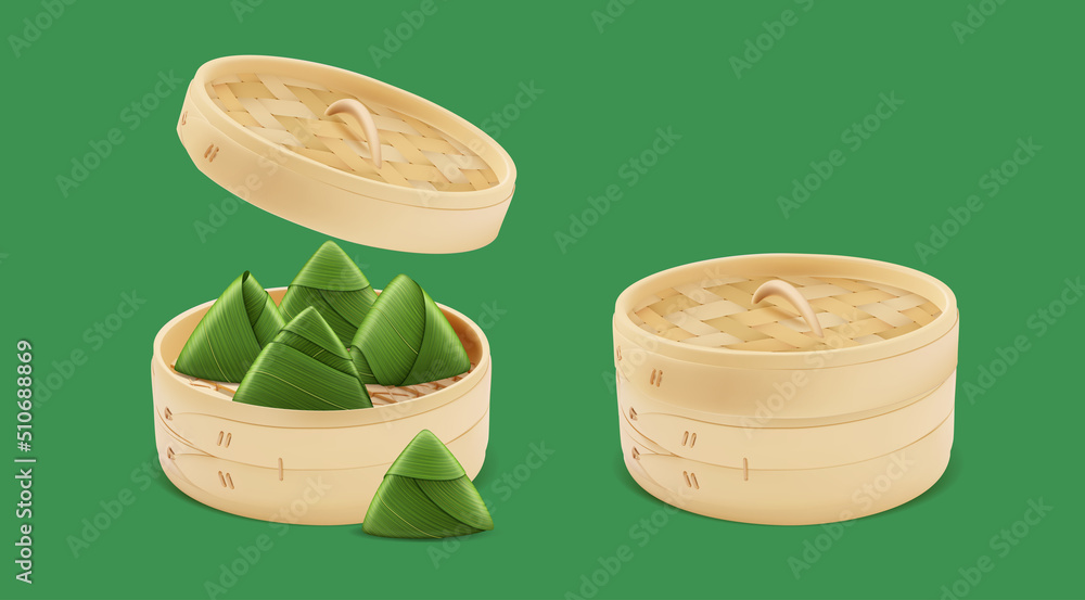 Poster Realistic Detailed 3d Bamboo Steamer with Lid and Rice Dumplings Set Open and Closed View Dragon Boat Festival Concept . Vector illustration of Zongzi