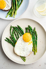 Fried eggs with green asparagus. Fast lunch ideas, healthy breakfast, summer food.