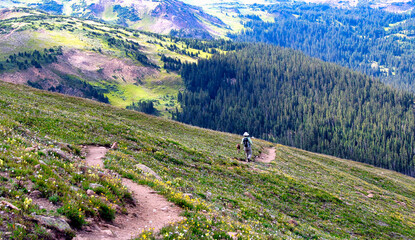 Hiker and dog descending from the summit of Colorado's 13,000-foot Mount Flora near Berthoud Pass