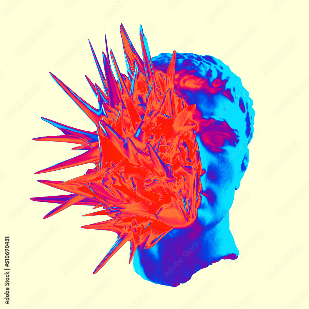 Poster abstract illustration from 3d rendering illustration of blue marble classical sculpture head with re