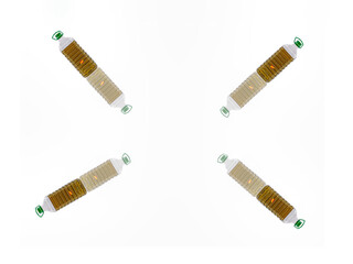 FOUR RECYCLABLE PLASTIC BOTTLES WITH SPANISH EXTRA VIRGIN OLIVE OIL ON A WHITE BACKGROUND