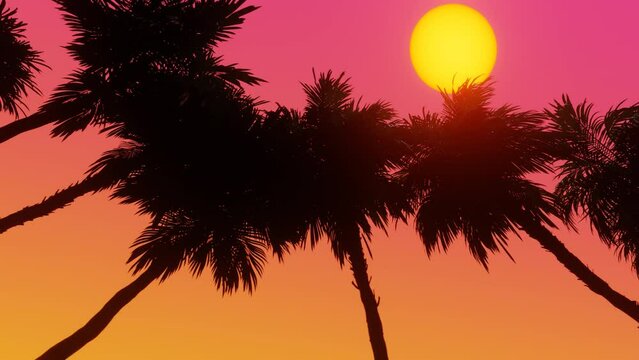 Pan through Palm Trees. Bottom view of coconut palm trees in sunshine. 3d Synthwave animated background. Seamless loop.