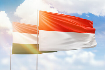 Sunny blue sky and flags of indonesia and hungary