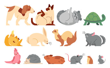 Cute cartoon pets set. Funny adorable domestic animal in different poses