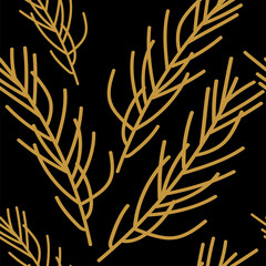 Fototapeta premium Vector. Merry Christmas, New Year seamless pattern. Design template for typographic products. Winter background for wrapping paper, greeting cards, textiles, branding. Simple hand drawn spruce branch.