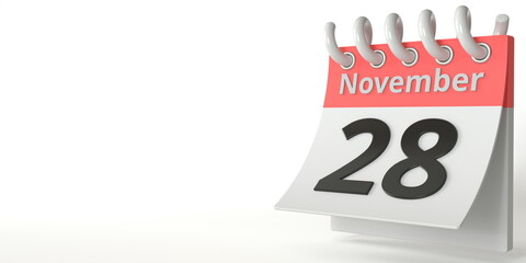 November 28 on a tear-off calendar, conceptual 3d rendering