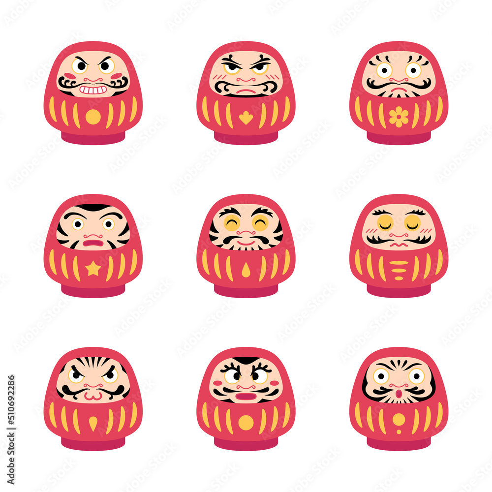 Canvas Prints Cartoon Color Various Daruma Icon Set Flat Design Style Japanese Traditional Doll Bodhidharma Zen Concept. Vector illustration