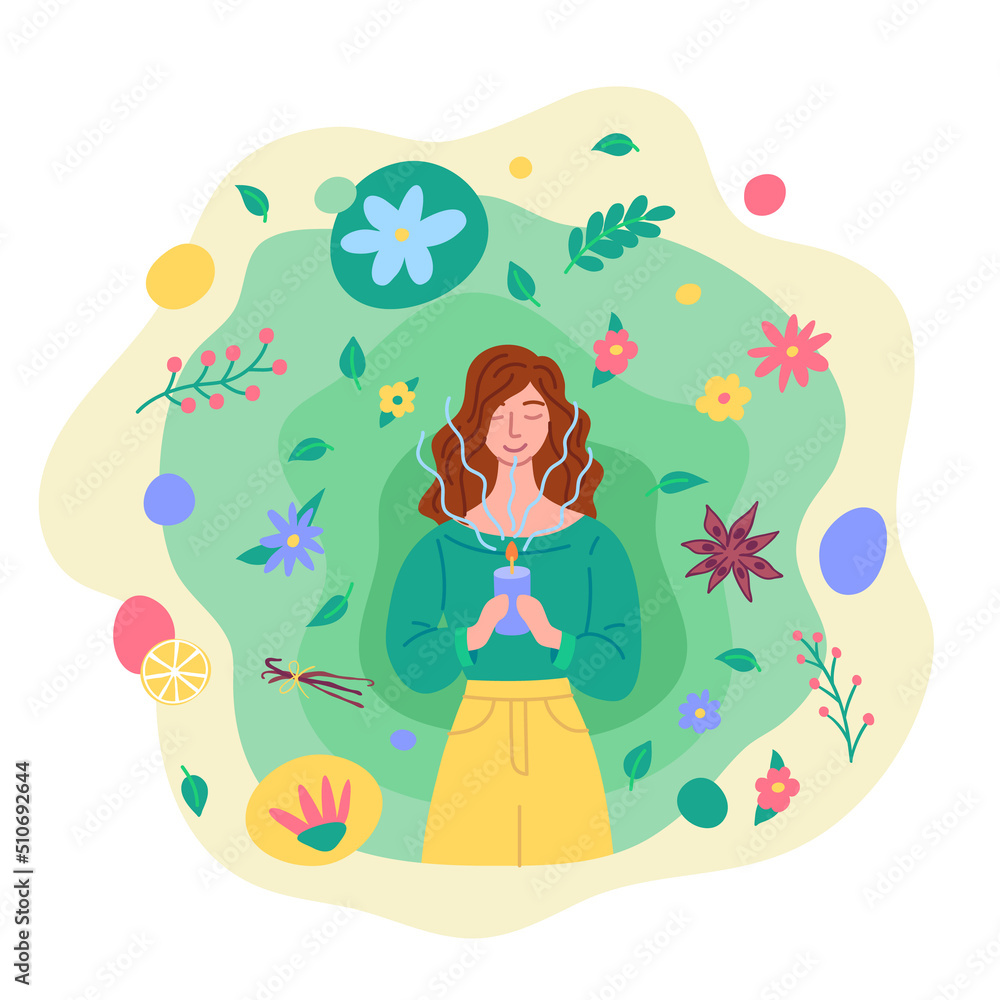 Wall mural Cartoon Color Character Woman Relaxing Aromatherapy Concept Flat Design Style. Vector illustration of Girl Standing with Candle