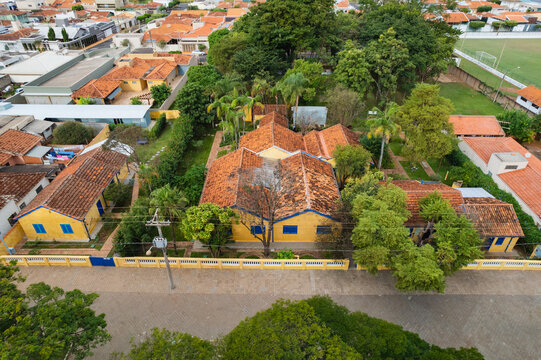 Brodowski, S&atilde;o Paulo ,Brazil - Circa june 2022: Aerial image of Brodowski city, house Candido Portinari.