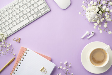 Business concept. Top view photo of keyboard computer mouse cup of coffee saucer planners gold pen binder clips earbuds vase with gypsophila on isolated purple background with copyspace in the middle - Powered by Adobe