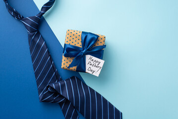 Father's Day concept. Top view photo of polka dot giftbox with silk ribbon bow postcard and blue...