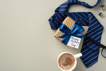 Father's Day concept. Top view photo of polka dot giftbox with silk ribbon bow and postcard blue...